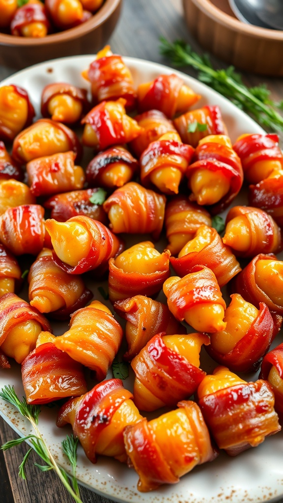 Crispy bacon-wrapped water chestnuts on a platter, garnished with herbs.
